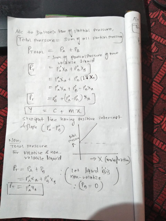Ale to Daltonn law of partial pressure, Total Pressure= sumoy all partial pressure Protal = PA + PB = sum of partial pressure