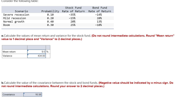 Consider the following table: Scenario Severe recession Mild recession Normal growth Boom Stock Fund Probability Rate of Retu