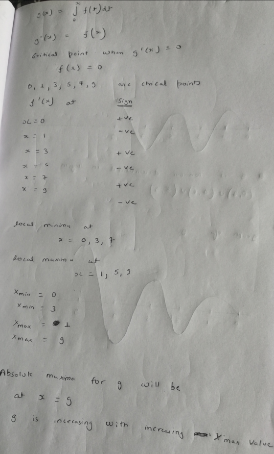 OL g(x) = J f(+) ar g() = f(x) Gritical point when g(x) = 0 f (x) = 0 are ctrical points ot, 3, 5, 7, 9 f(x) at Sign tve o