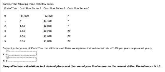 Consider the following three cash flow series: End of Year Cash Flow Series A Cash Flow Series B Cash Flow Series C $2,420 $3,420 $2,820 $2,220 $1,620 $1,020 0 $1,000 1.5X 2.0X 2.5X 3.0X 3 2Y 2Y 2Y 4 Determine the values of X and Y so that all three cash flows are equivalent at an interest rate of 16% per year compounded yearly Carry all interim calculations to 5 decimal places and then round your final answer to the nearest dollar. The tolerance is ±5.