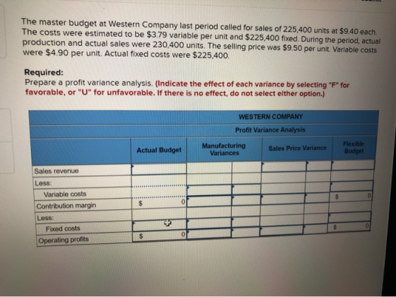 The master budget at Western Company last period called for sales of 225,400 units at $9.40 each. The costs were estimated to