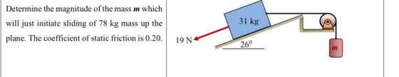 Determine the magnitude of the mass m which 31 kg will just initiate sliding of 78 kg mass up the plane. The coefficient of s