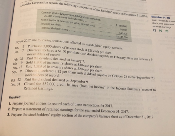ation reports the following components of stockholders equity on December 31, 2016 Alexander Corporatio Common stock-$25 par