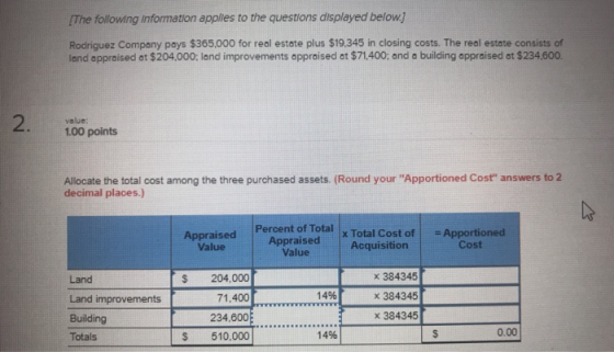 The following Information applies to the questions displayed below.] Rodriquez Company pays $365,000 for real estate plus $19