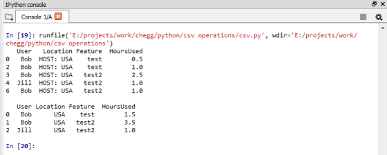 IPython console CConsole 1/A In [19]: runfile(E:/projects/work/HomeworkLib/python/csv operations/csv.py,wdir-E:/projects/work/ c