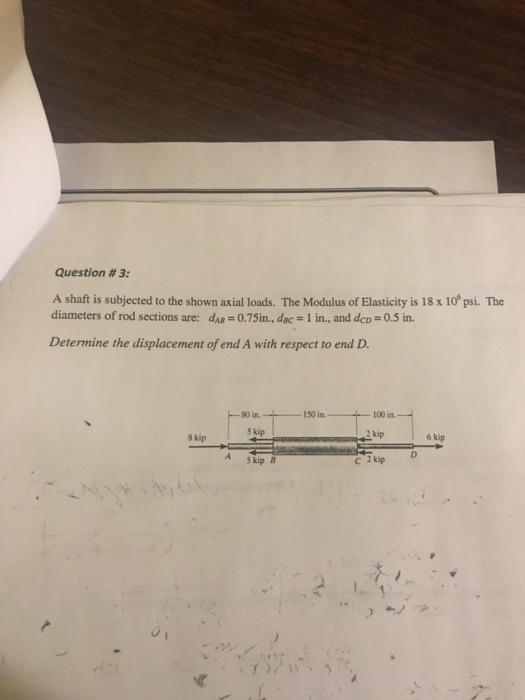 Question # 3 A shaft is subjected to the shown axial loads. The Modulus of Elasticity is 18 x 10 psi. The diameters of rod sections are: das 0.75in,. dac-1 in., and de- 0.5 in. Determine the displacement of end A with respect to end D 80in.. ㅡ 150 in.. 100in. 5 kip 2 kip 6 kip A 5 kipB С 2kip l,