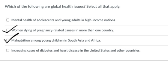 Which of the following are global health issues? Select all that apply O Mental health of adolescents and young adults in high-income nations. Women dying of pregnancy-related causes in more than one country Malnutrition among young children in South Asia and Africa Increasing cases of diabetes and heart disease in the United States and other countries.