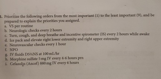 3. Prioritize the following orders from the most important (1) to the least important (9), and be prepared to explain the pri