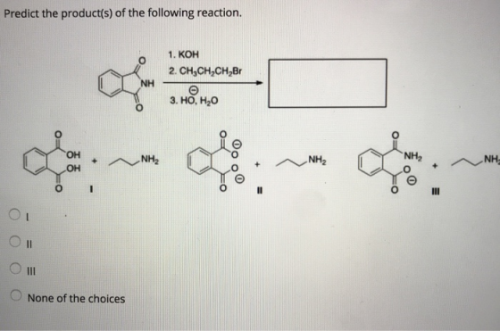 Predict the product(s) of the following reaction 1. KOH 2. CH3CH2CH2Br 3. Но, H2O NH NH2 OH O None of the choices