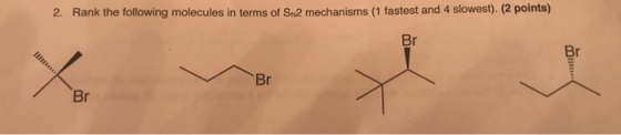 2. Rank the following molecules in terms of Sn2 mechanisms (1 fastest and 4 slowest). (2 points) Br Br