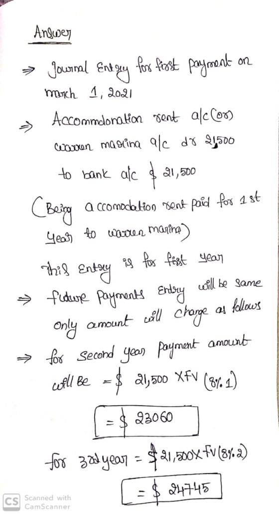 Answer ► journal Ent guy for first payment on march 1, 2021 Accommdonation rent alccor) carton martina alc dx 21500 to bank a