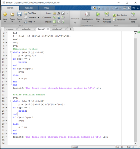 Editor CUsers\SANTOSH\Documents\MATLAB\bis.m* X EDITOR PUBLISH VIEW Find Files Insert E fxF Run Section Compare Comment % NAV