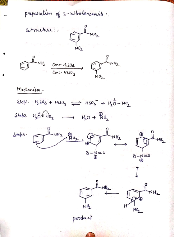 EINEN preparation of 3-nitrobenzamide: Structure!. -NH2 NO, N2 . Conc. H₂504 Conc. HNO3 NO, Mechanism stepl. 4504 + HNOZ = H5