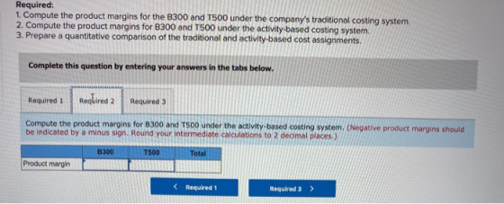 Required: 1. Compute the product margins for the B300 and T500 under the companys traditional costing system. 2. Compute the