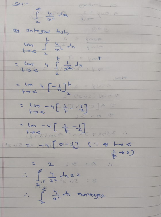 Sol:- s y det 012 2 By Integed test, ㅏ y da 2 t = Lim y s Ja tjs 2 Lim t 11-13 = Long -4[to I -4[] トっく a lim -y [ - ) . L 02-