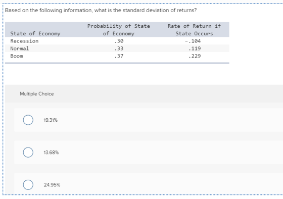 Based on the following information, what is the standard deviation of returns? State of Economy Recession Normal Boom Probabi