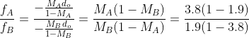 \frac{f_{A}}{f_{B}}=\frac{-\frac{M_{A}d_{o}}{1-M_{A}}}{-\frac{M_{B}d_{o}}{1-M_{B}}}=\frac{M_{A}(1-M_{B})}{M_{B}(1-M_{A})}=\frac{3.8(1-1.9)}{1.9(1-3.8)}