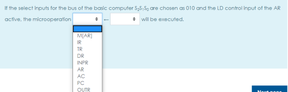 If the select inputs for the bus of the basic computer S25150 are chosen as 010 and the LD control input of the AR active, th