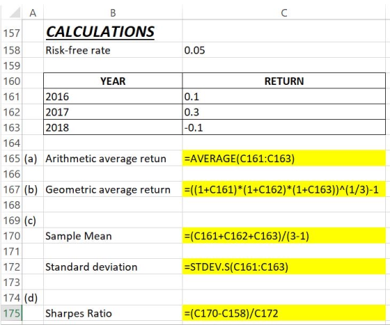 157 CALCULATIONS 158 0.05 RETURN 0.1 0.3 -0.1 =AVERAGE(C161:C163) Risk-free rate 159 160 YEAR 161 2016 162 2017 163 2018 164