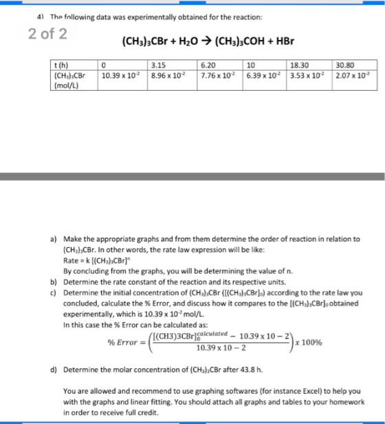 41 The following data was experimentally obtained for the reaction: 2 of 2 (CH3)3CBr + H2O → (CH3)3COH + HBr t(h) (CH3)2CBr (