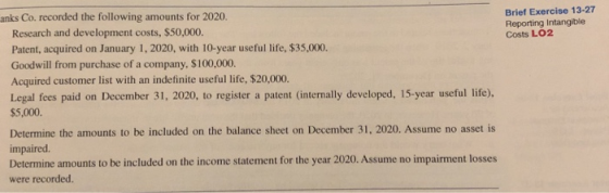 Brief Exercise 13-27 anks Co. recorded the following amounts for 2020. Research and development costs, $50,000. Patent, acquired on January 1,2020, with 10-year useful life, $35,000. Goodwill from purchase of a company, $100,000. Acquired customer list with an indefinite useful life, $20,000. Legal fees paid on December 31, 2020, to register a patent (internally developed, 15-year useful life), $5,000 Determine the amounts to be included on the balance sheet on December 31, 2020. Assume no asset is impaired. Determine amounts to be included on the income statement for the year 2020. Assume no impairment losses were recorded Costs LO2