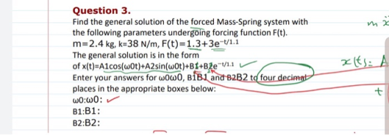 mi Question 3. Find the general solution of the forced Mass-Spring system with the following parameters undergoing forcing fu