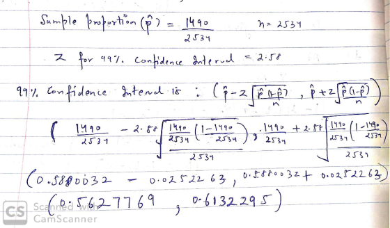 Sumple proportion (p) = 1990 n = 2534 2534 .2 for 99% confidence Interual = 2:58 99% Confidence Intend is (2 190 2531 -2.881