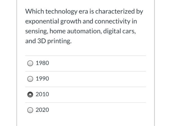 Which technology era is characterized by exponential growth and connectivity in sensing, home automation, digital cars, and 3