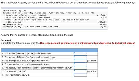 The stockholders equity section on the December 31 balance sheet of Chemfast Corporation reported the following amounts: $ 1