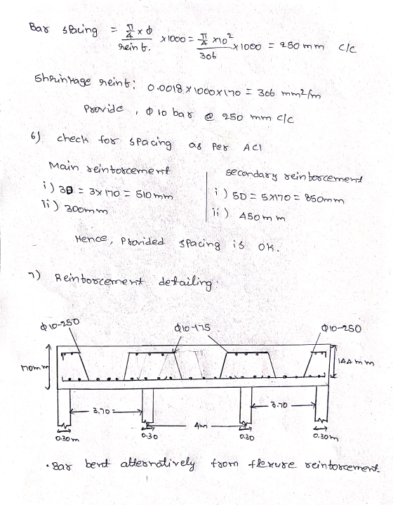 Bar spacing o Х reint. x 1000 = I x10? x 1000 = 250 mm 306 cic Shrinkage reint: 0.0018 8 10ooxin0 = 306 mm2fm Provide 0 10 ba