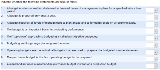Indicate whether the following statements are true or false: 1. A budget is a formal written statement in financial terms of