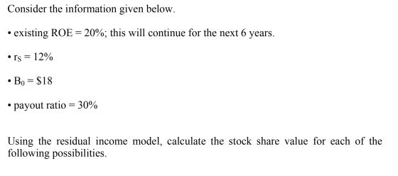 Consider the information given below. • existing ROE = 20%; this will continue for the next 6 years. • rs = 12% • Bo = $18 •
