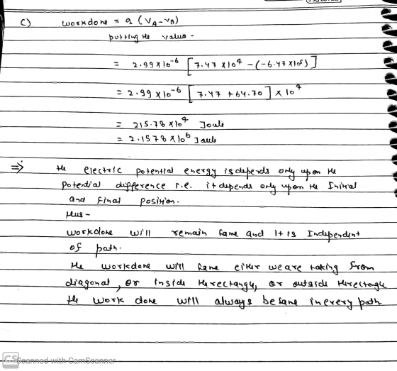 work done = q (VA-VD) butting He Value - = 2.99710-6 [7.47 8104 -(-6.47 xlory] = 2.99 x 10-67,47 +64.70 ] x 10 = 215.76810 J