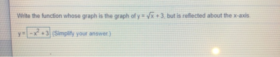 Write the function whose graph is the graph of y = VX + 3, but is reflected about the x-axis. y = - x2 +3 (Simplify your answ