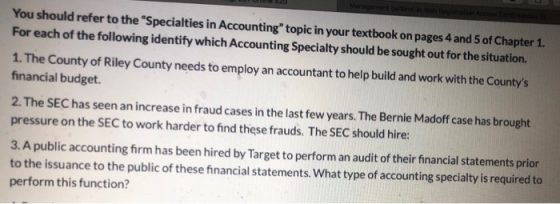 You should refer to the Specialties in Accounting topic in your textbook on pages 4 and 5 of Chapter 1. For each of the fol