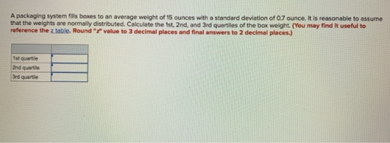 A packaging system fills boxes to an average weight of 15 ounces with a standard deviation of 0.7 ounce. It is reasonable to assume that the weights are normally distributed. Calculate the 1st, 2nd, and 3rd quartiles of the box weight. (You may find it useful to reference the z table. Round value to 3 decimal places and final answers to 2 decimal places.) 1st quartile 2nd quartile 3rd quartile