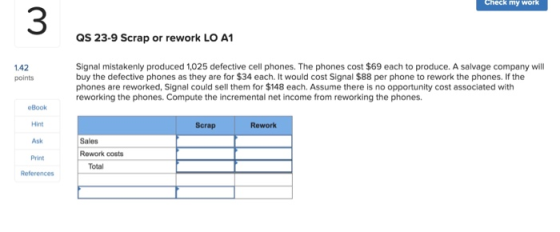 Check my work QS 23-9 Scrap or rework LO A1 1.42 points Signal mistakenly produced 1,025 defective cell phones. The phones co