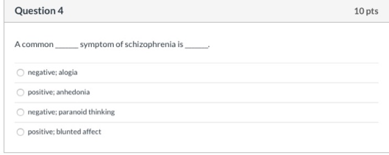 Question 4 10 pts A common symptom of schizophrenia is negative; alogia positive; anhedonia negative; paranoid thinking posit