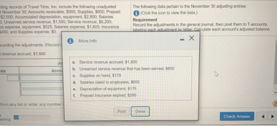 nting records of Travel Time, Inc. include the following unadjusted t November 30: Accounts receivable, $900; Supplies, $650;
