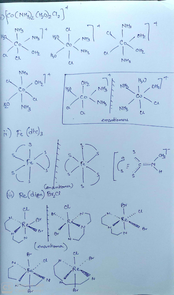 ofeo (NH3)2 (+0), Iz] NH3 + Hal i Oth oth ? the NHS tho I NE Oth/ ? 4 NH3 Ta NB enantiomers ii) Fe (ate); $ 11 Cenantiomer) (
