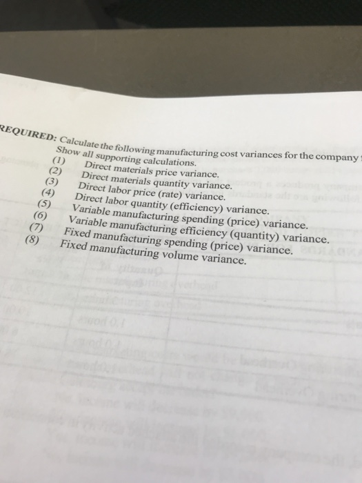 REQUIRED: Calculate the following manufacturing cost variances for the company Show all supporting calculations. Direct mater