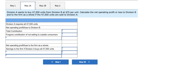 Reg 1 Req 1A Reg 1B Reg 2 Division A wants to buy 47,500 units from Division B at $75 per unit. Calculate the net operating p