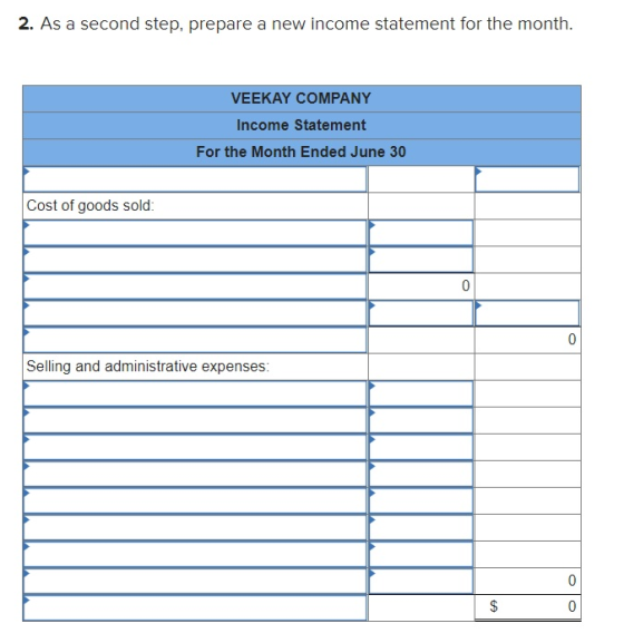 2. As a second step, prepare a new income statement for the month. VEEKAY COMPANY Income Statement For the Month Ended June 3