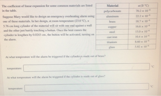 The coefficient of linear expansion for some common materials are listed in the table. Suppose Mary would like to design an emergency overheating alarm using one of these materials. In her design, at room temperature (230°C), a 5.76 cm long cylinder of the material will sit with one end against a wall and the other just barely touching a button. Once the heat causes the cylinder to lengthen by 0.0243 cm, the button will be activated, turning on the alarm Material polycarbonate aluminum brass copper steel cast iron titanium glass 70.2 x 10-6 22.2 x 10-6 18.7 x 10-6 16.6 x 10-6 13.0 x 10-6 10.4 x 10- 8.60 x 10-6 5.92 x 106 At what temperature will the alarm be triggered if the cylinderis made out of brass? temperature At what temperature will the alarm be triggered if the cylinder is made out of glass? temperature: