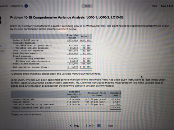 work #7 - Chapter 10 Help Save & Exit Problem 10-15 Comprehensive Variance Analysis (L010-1, LO10-2, LO10-3) Miller Toy Compa