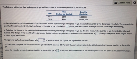Question Help The following table gives data on the price of rye and the number of bushels of rye sold in 2017 and 2018. Year