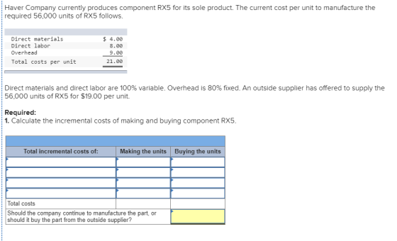 Haver Company currently produces component RX5 for its sole product. The current cost per unit to manufacture the required 56
