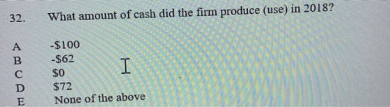 32. What amount of cash did the firm produce (use) in 2018? А B -$100 -$62 C $0 D Ε $72 None of the above .
