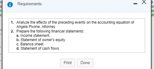 * Requirements 1. Analyze the effects of the preceding events on the accounting equation of Angela Pivone, Attorney. 2. Prepa