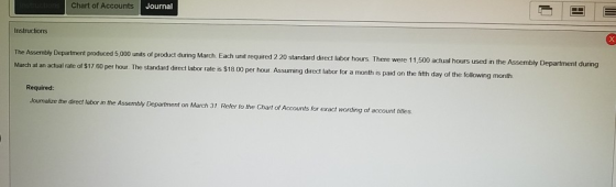 Chart of Accounts Journal Instructions The Assembly Department produced 5,000 units of product during March. Each unit requir